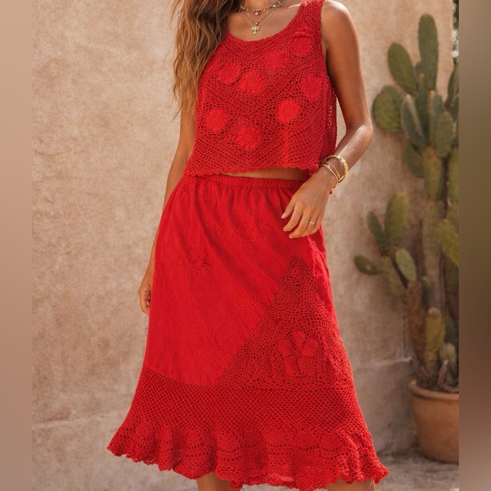 Women’s Red Crochet Midi Skirt — Boho Summer Skirt and Shirt set